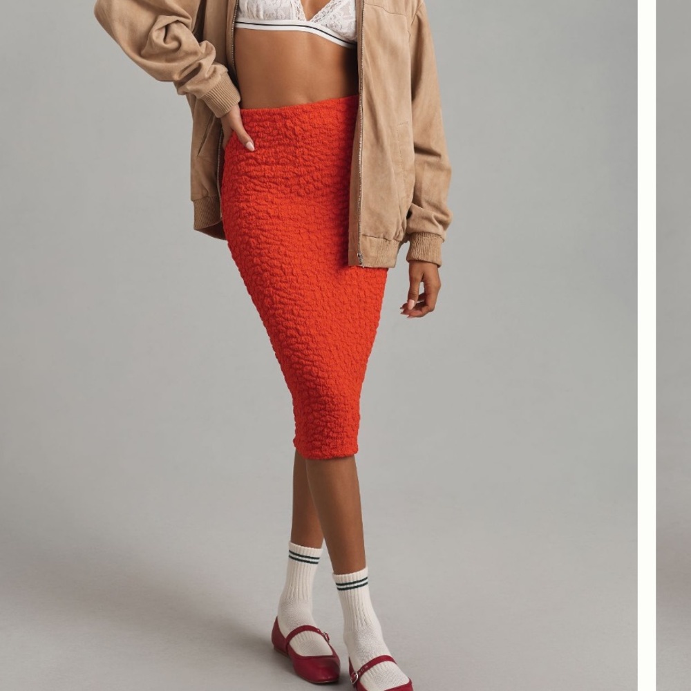 NWT Anthropologie Red Ribbed Midi Pencil Skirt